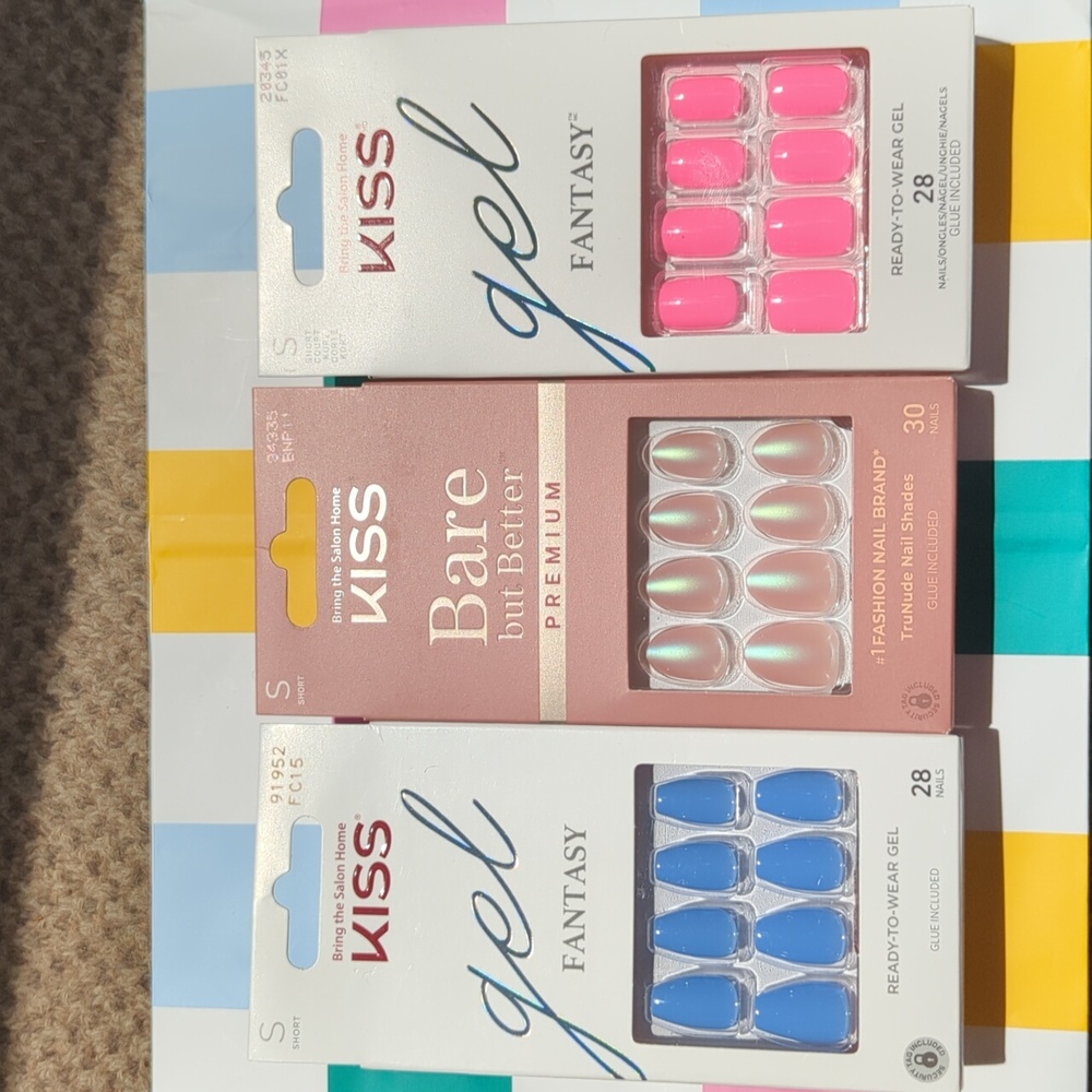 Three Kiss Press On Nails Sets Gel Fantasy And Bare But Better New In The Box